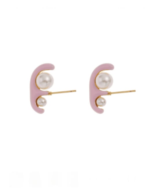 Pink Brass Imitation Pearl Enamel Geometric Minimalist Stud Earring