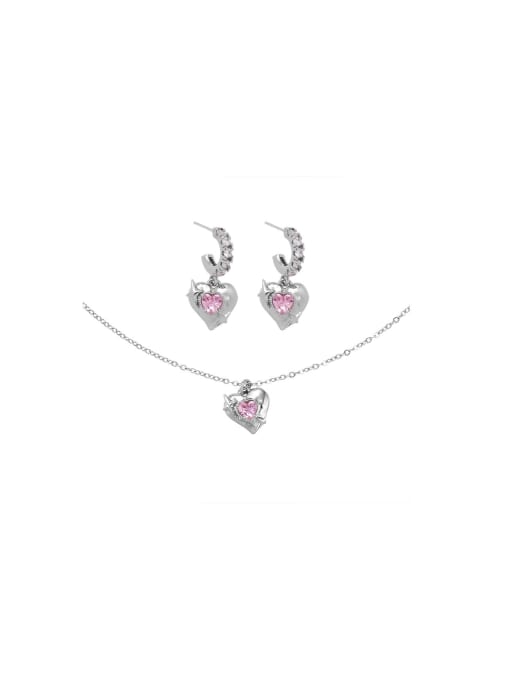 TINGS Titanium Steel Cubic Zirconia Dainty Heart Pink Earring and Necklace Set 0