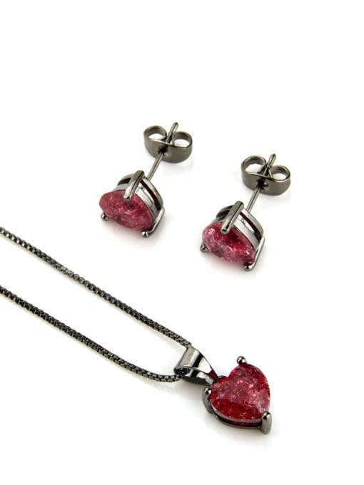 Black Plated Red zircon Brass Heart Cubic Zirconia Earring and Necklace Set