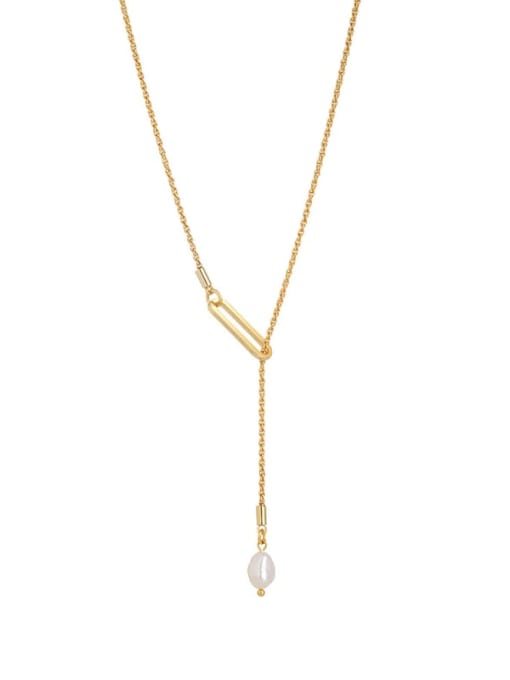 golden Brass Imitation Pearl Tassel Minimalist Lariat Necklace