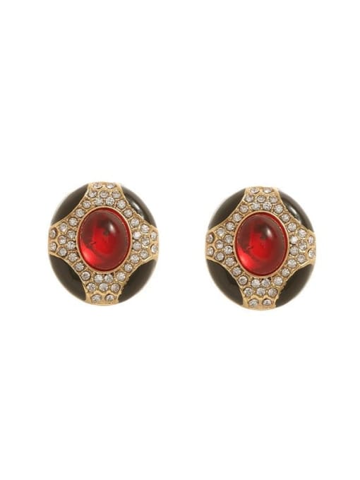 Wine red earrings Brass Cubic Zirconia Oval Vintage Stud Earring