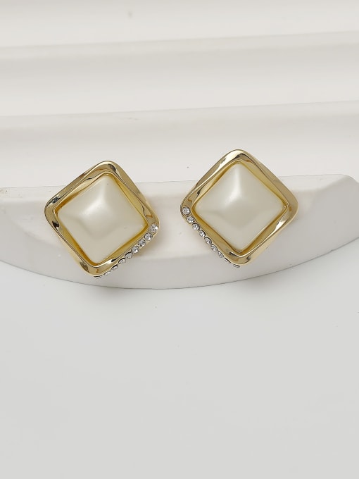 HYACINTH Brass Imitation Pearl Square Minimalist Stud Earring 1