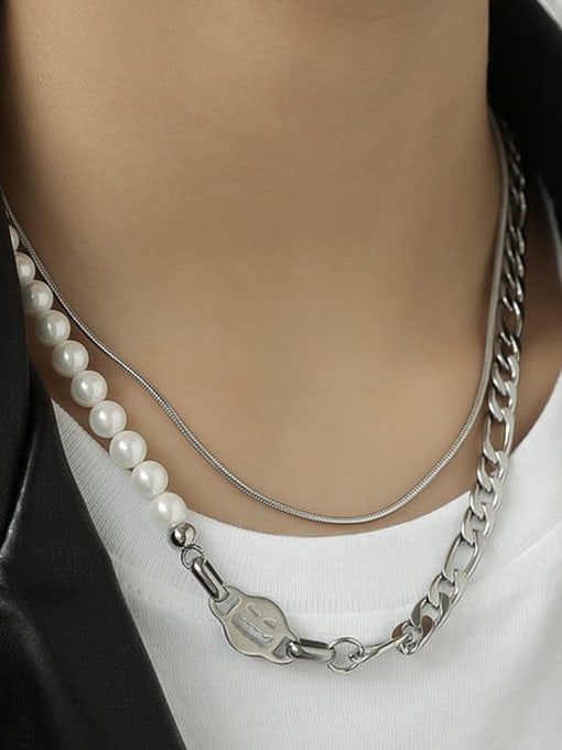 TINGS Titanium Steel Imitation Pearl Geometric Vintage Asymmetric chain  Necklace 1