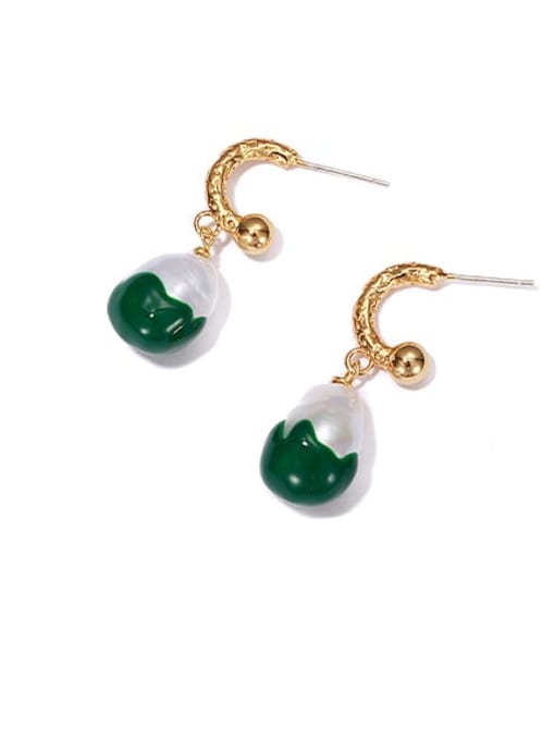 Green oil dripping C-shaped Earrings Brass Imitation Pearl Geometric Vintage Drop Earring