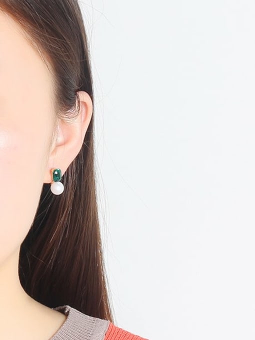 HYACINTH Copper Imitation Pearl Square Glass stone Minimalist Stud Trend Korean Fashion Earring 1