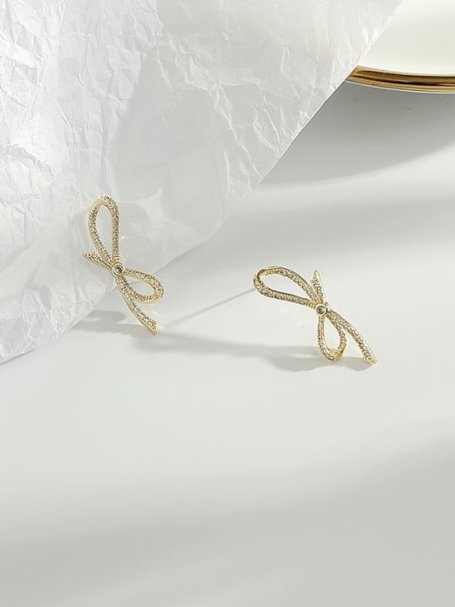 14k gold Copper Rhinestone Bowknot Cute Stud Trend Korean Fashion Earring