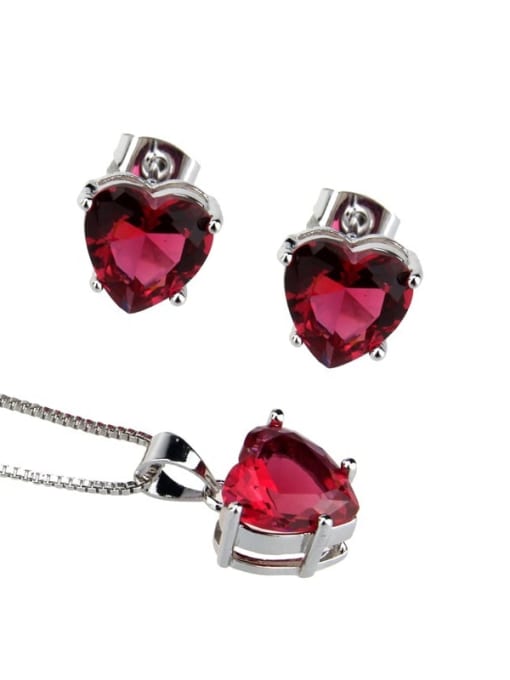 Platinum Plated Red Brass Heart  Cubic Zirconia Earring and Necklace Set