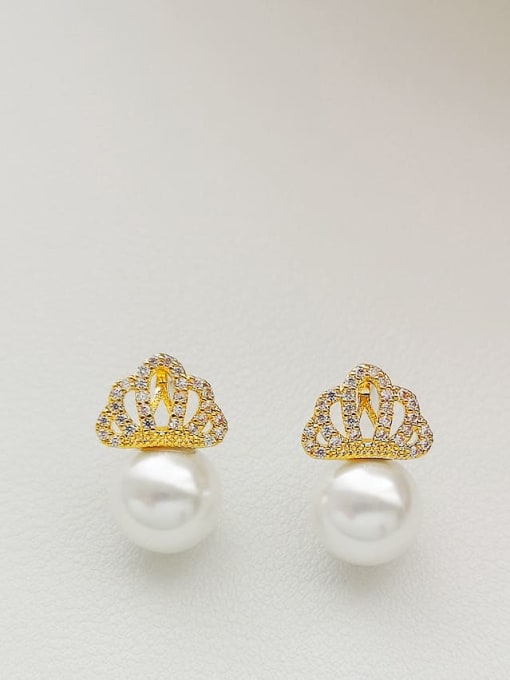 14K  gold Copper Imitation Pearl Crown Dainty Stud Trend Korean Fashion Earring
