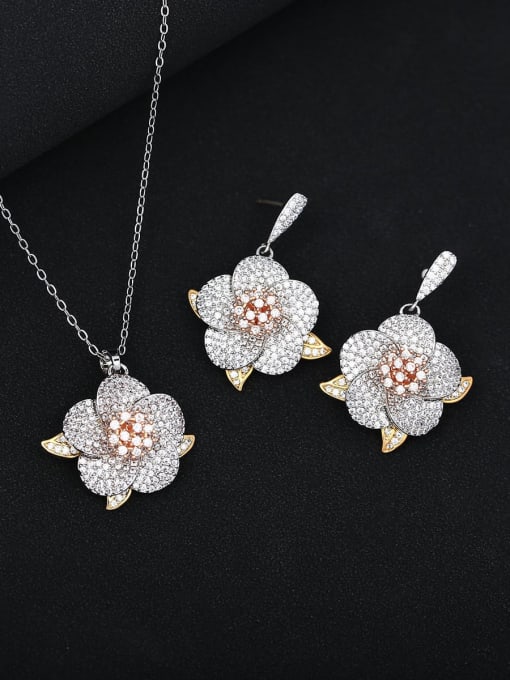 OUOU Dainty Flower Brass Cubic Zirconia Earring and Necklace Set 2