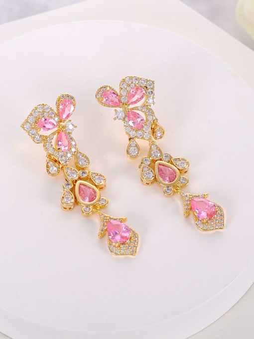 Pink Brass Cubic Zirconia Flower Dainty Cluster Earring