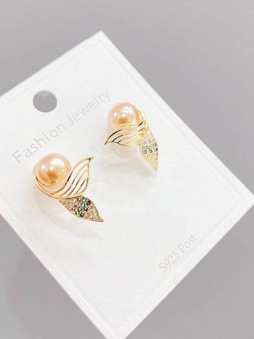 Gold E266 Brass Imitation Pearl Leaf Dainty Stud Earring
