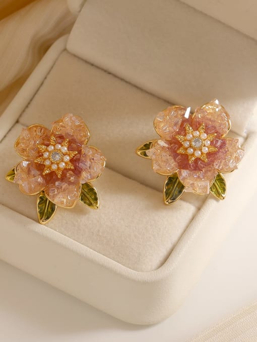 14k Gold Pink 【 925 Silver Needle 】 Brass Natural Stone Flower Dainty Stud Earring