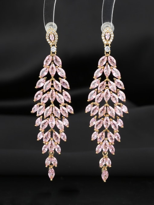 Pink Brass Cubic Zirconia Leaf Luxury Cluster Earring