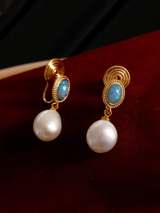 18K gold+blue Brass Imitation Pearl Geometric Vintage Clip Earring