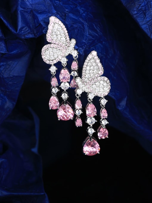 Pink Brass Cubic Zirconia Butterfly Statement Cluster Earring