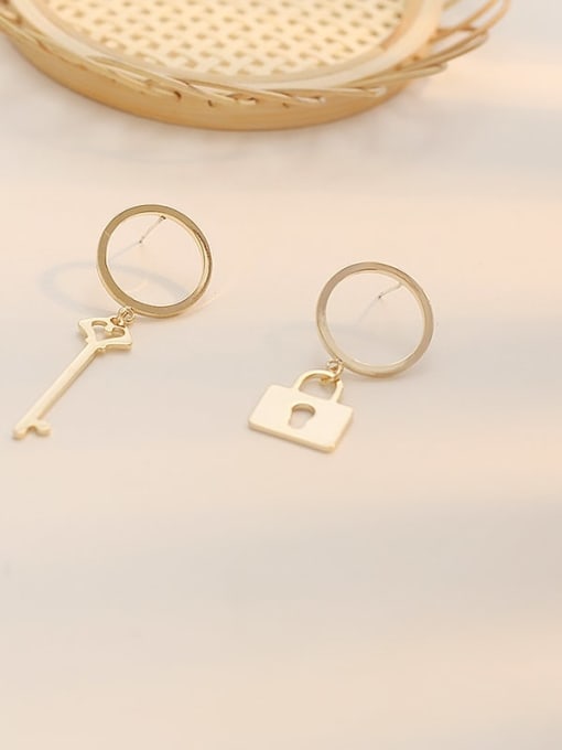 14K  gold Copper Minimalist Asymmetric key lock Drop Trend Korean Fashion Earring