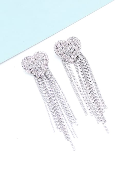 White K Copper Cubic Zirconia heart  Tassel Dainty Threader Trend Korean Fashion Earring