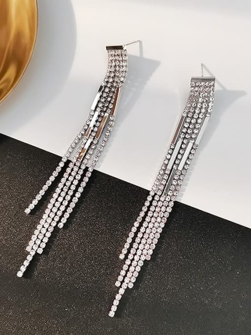White K Copper Cubic Zirconia Tassel Luxury Threader Trend Korean Fashion Earring
