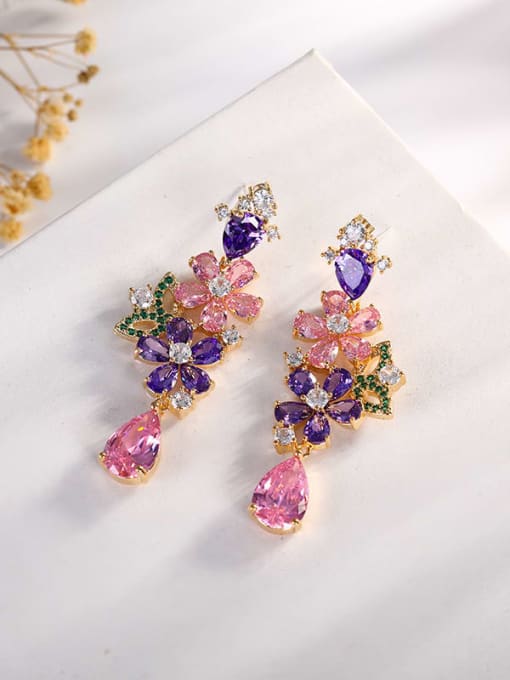 Pink Brass Cubic Zirconia Flower Luxury Drop Earring