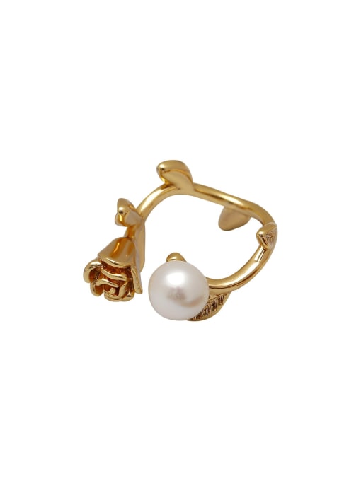 HYACINTH Brass Imitation Pearl Flower Minimalist Band Ring 0