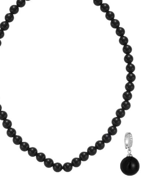 Black agate 6MM platinum buckle pendant Brass Imitation Pearl Geometric Vintage Beaded Necklace