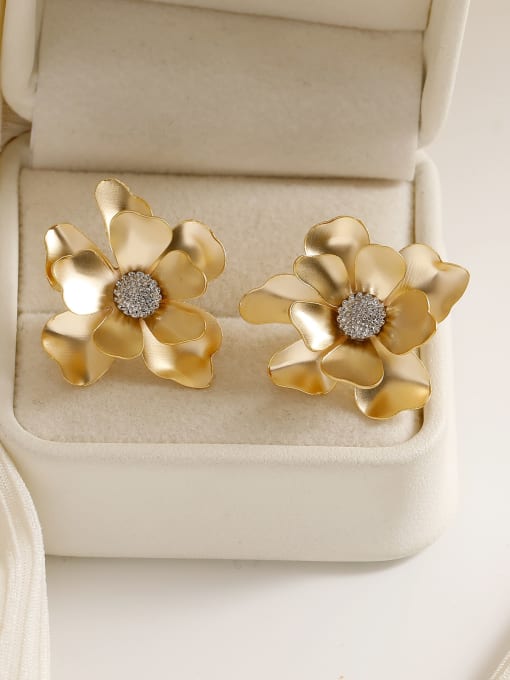 Matte Gold White K 【 925 Silver Needle 】 Brass Cubic Zirconia Flower Dainty Stud Earring