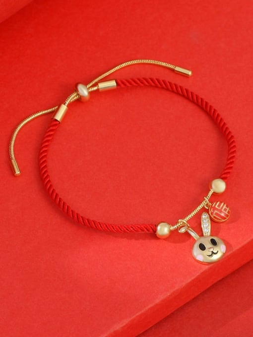 Gold SL61210 Brass Cubic Zirconia Enamel Rabbit Cute Handmade Weave Bracelet