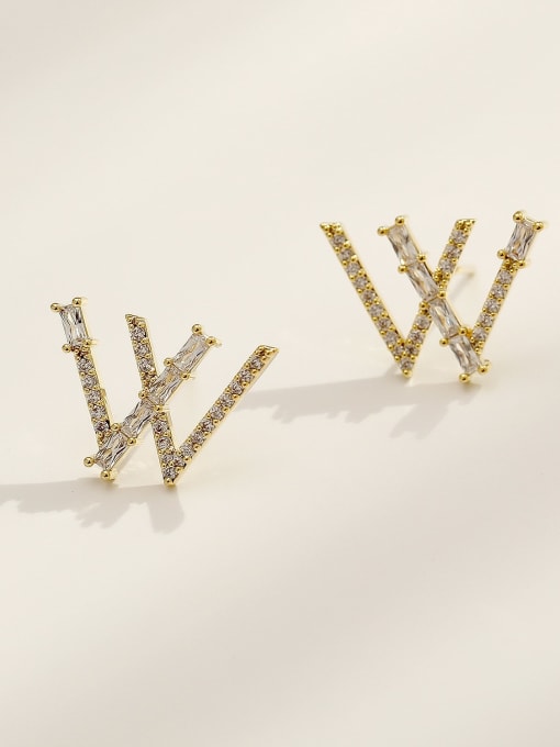 HYACINTH Brass Cubic Zirconia Letter W Vintage Stud Trend Korean Fashion Earring 0