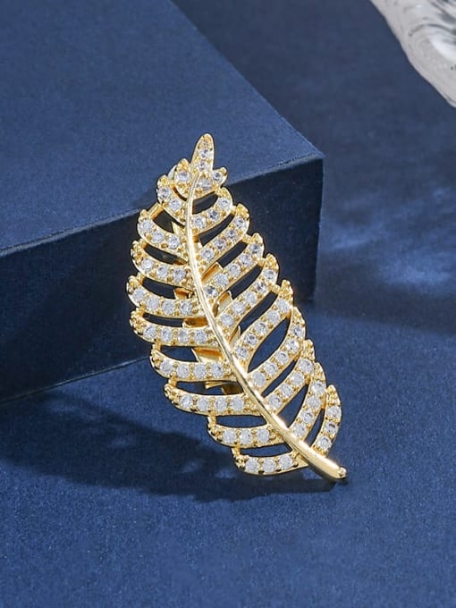 Gold XZ0005 Brass Cubic Zirconia Feather Statement Brooch