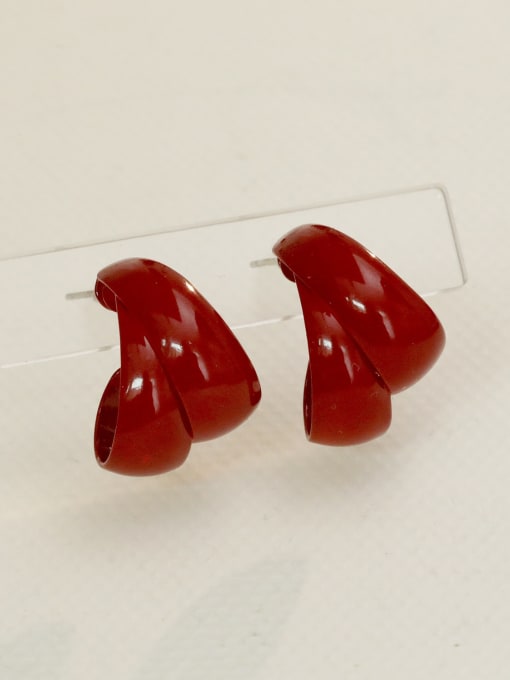 Bright Wine Red Brass Enamel Geometric Minimalist Stud Earring