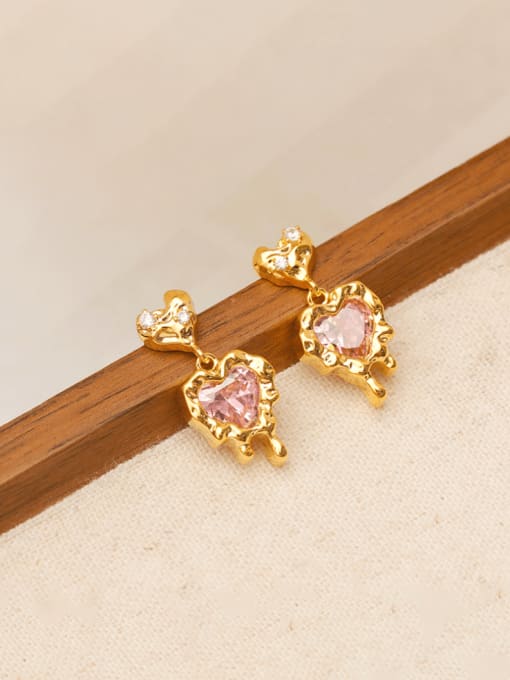 18K gold +pink Brass Cubic Zirconia Heart Trend Drop Earring
