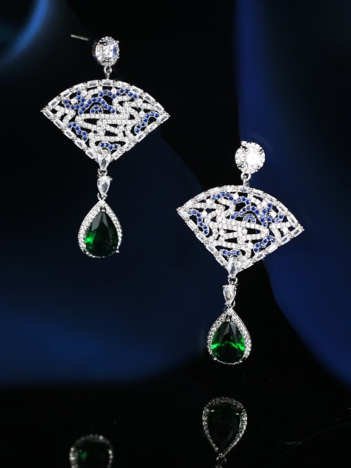 Green glass Brass Cubic Zirconia Triangle Luxury Cluster Earring