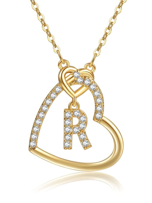 R gold Brass Cubic Zirconia Heart Minimalist  Letter Pendant Necklace