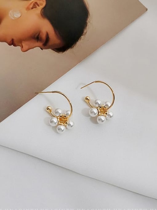 14K gold Copper Imitation Pearl Flower Minimalist Hook Trend Korean Fashion Earring