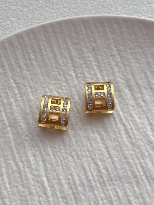 G187 Gold Hollow Earrings Brass Rhinestone Square Minimalist Stud Earring