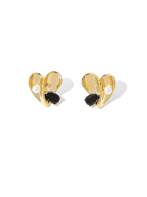 golden Brass Cubic Zirconia Heart Vintage Stud Earring