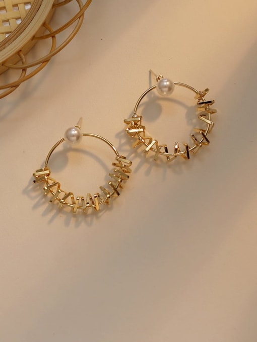 14K  gold Copper Imitation Pearl Geometric Minimalist Hoop Trend Korean Fashion Earring