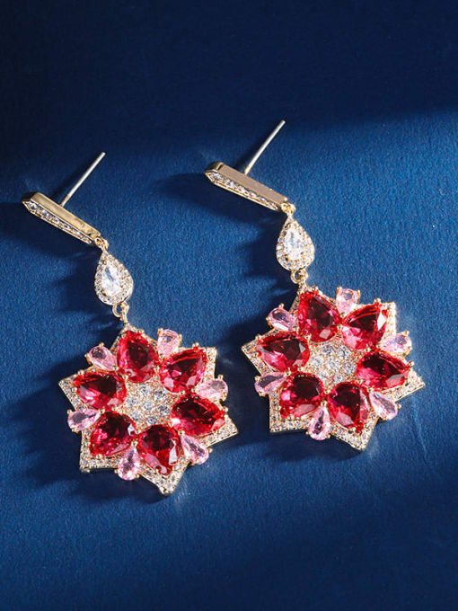 red Brass Cubic Zirconia Flower Luxury Drop Earring