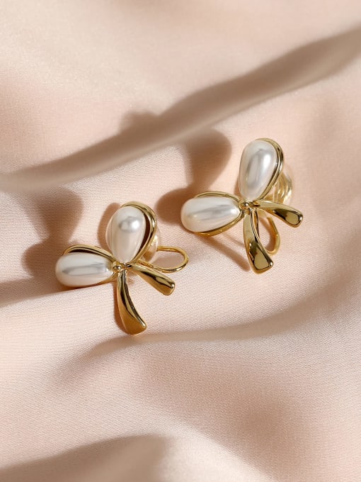 HYACINTH Brass Imitation Pearl Bowknot Minimalist Clip Earring 2