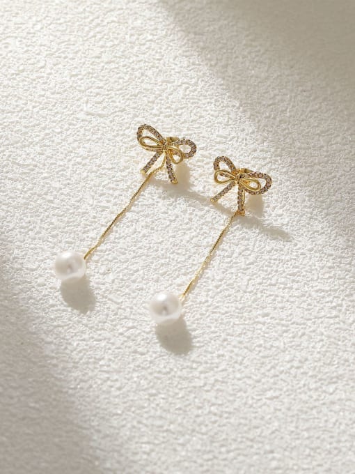 HYACINTH Brass Imitation Pearl Bowknot Tessel Earring 0