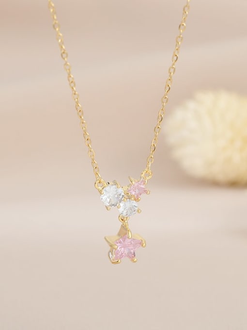 Gold Pink XL62993 Brass Cubic Zirconia Pink Star Dainty Necklace