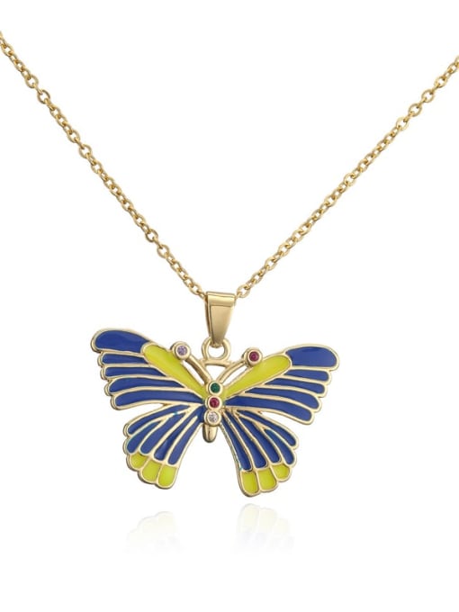 20954 Brass Cubic Zirconia Enamel Trend Butterfly Pendant Necklace