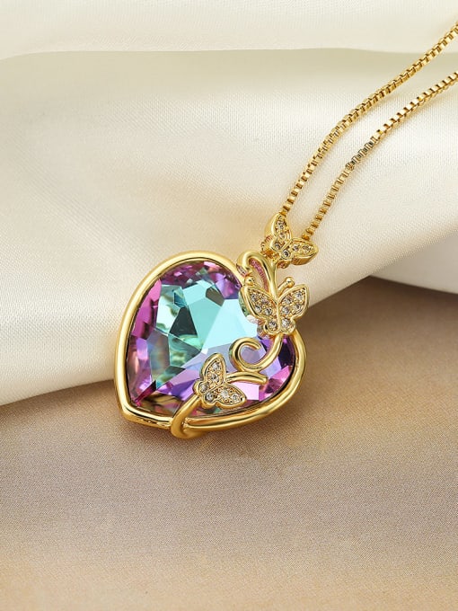 23292 Brass Glass Stone Heart Minimalist Necklace