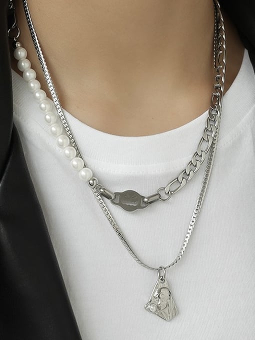 TINGS Titanium Steel Imitation Pearl Geometric Vintage Asymmetric chain  Necklace 2