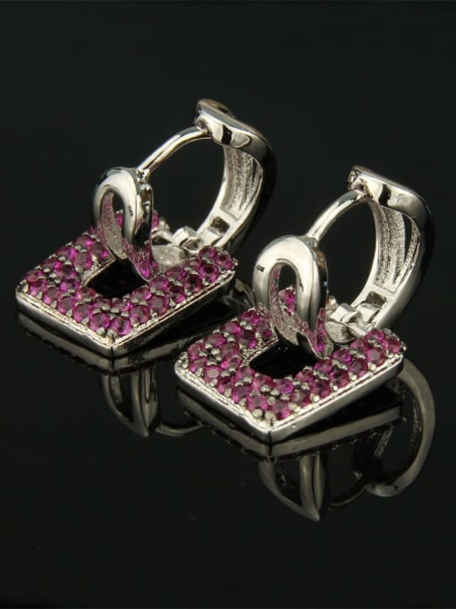 Red zircon plated with platinum Brass Cubic Zirconia Square Luxury Huggie Earring