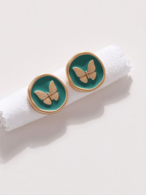 Dumb gold (green) Brass Enamel Butterfly Vintage Stud Earring