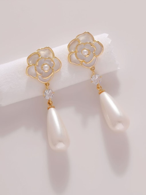 14k Gold Brass Imitation Pearl Enamel Flower Minimalist Drop Earring