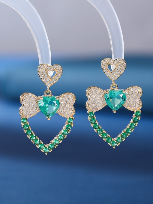 Green Brass Cubic Zirconia Heart Luxury Drop Earring