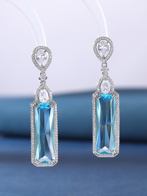 Aqua Blue Brass Cubic Zirconia Multi Color Geometric Luxury Drop Earring