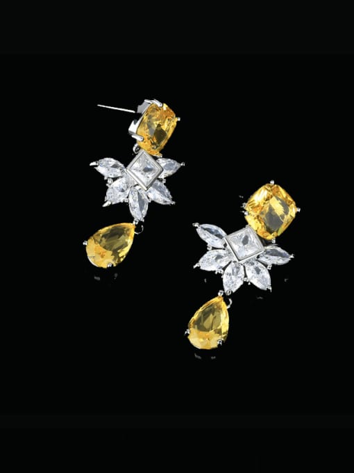 yellow Brass Cubic Zirconia Flower Water Drop Luxury Cluster Earring